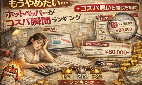 ホットペッパーがコスパ悪いと感じて悩むサロンオーナーと、広告費8万円の費用対効果を示すランキングイメージ
