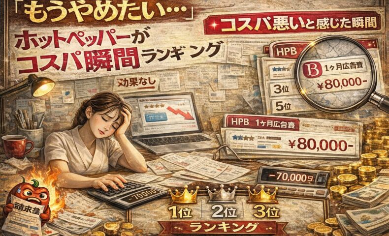ホットペッパーがコスパ悪いと感じて悩むサロンオーナーと、広告費8万円の費用対効果を示すランキングイメージ