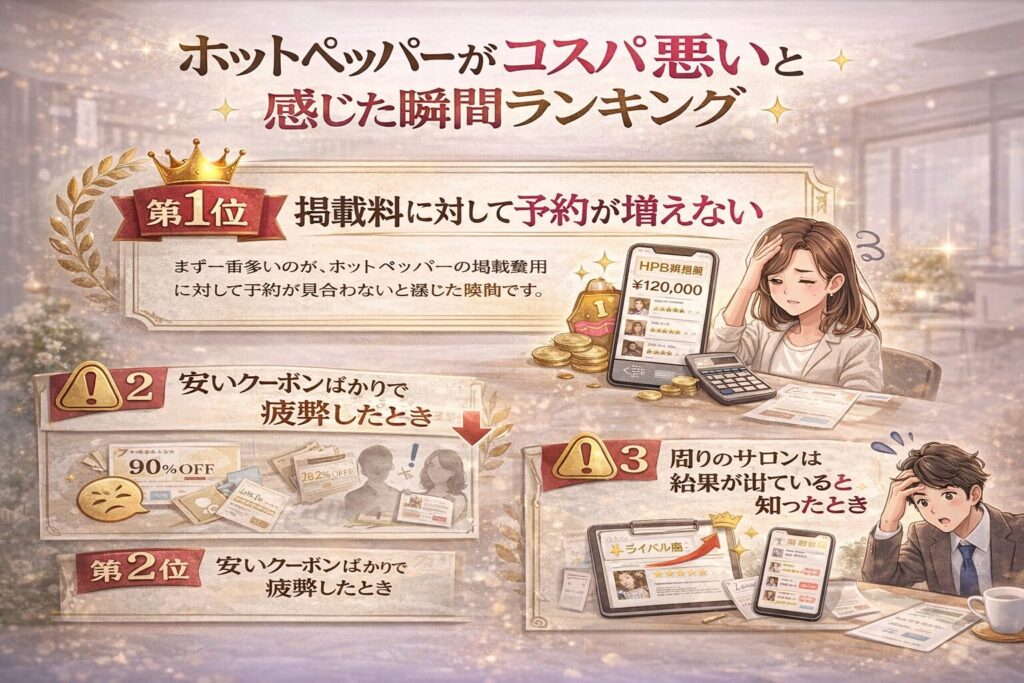 ホットペッパーがコスパ悪いと感じた瞬間ランキングを解説する横型インフォグラフィック画像。掲載料に対して予約が増えない、安いクーポンで疲弊、他店との差を知った瞬間を視覚的に表現している。