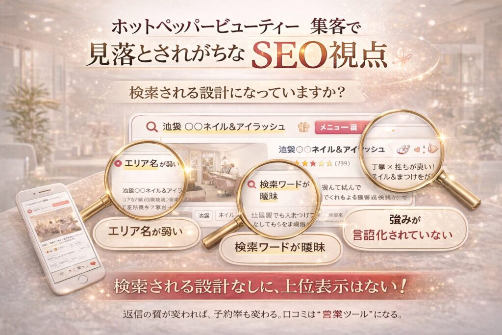 ホットペッパービューティー集客で見落とされがちなSEO視点として、エリア名・検索ワード・強みの言語化不足を示した横型バナー画像