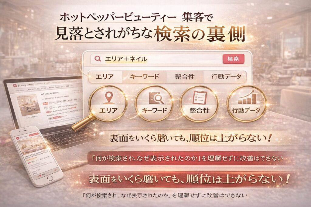 ホットペッパービューティー集客で見落とされがちな検索の裏側として、エリア・キーワード・整合性・行動データが順位を決める構造を示した横型バナー画像