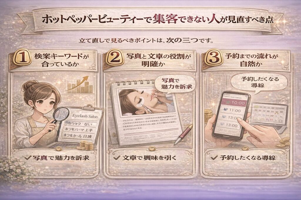 ホットペッパービューティーで集客できない人が見直すべき3つのポイントをまとめた横型インフォグラフィック画像。検索キーワード、写真と文章の役割、予約までの流れを視覚的に整理している。