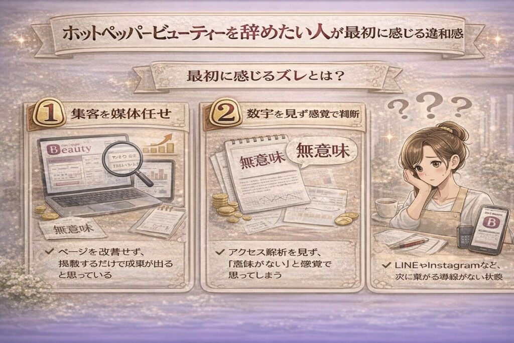 ホットペッパービューティーを辞めたいと感じる人の共通点をまとめた横型インフォグラフィック画像。成果が見えない違和感と、媒体任せ・数字を見ない判断・導線不足の3つの原因を視覚的に表現している。