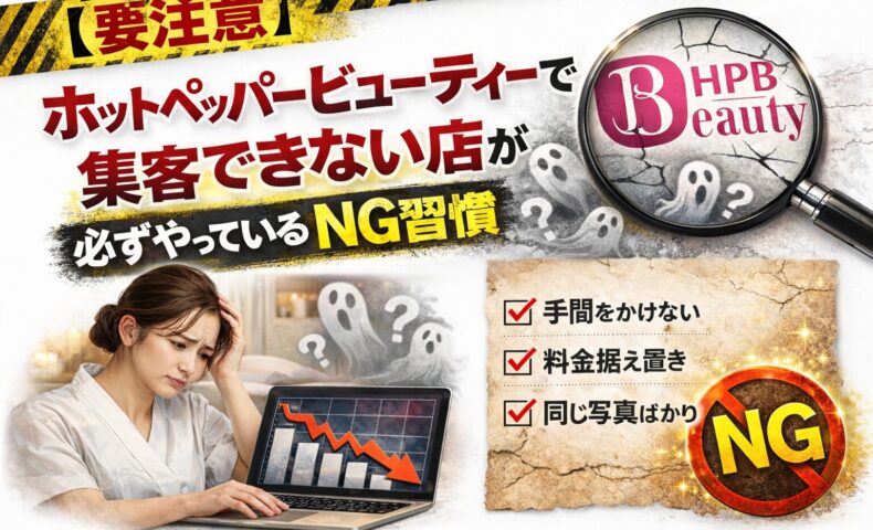 ホットペッパービューティーで集客できない店が必ずやっているNG習慣を示すアイキャッチ画像。予約減少のグラフと悩むサロンオーナーの様子を表現