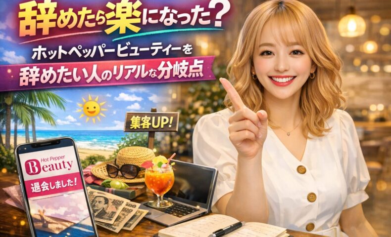 ホットペッパービューティーを辞めたいと悩むサロンオーナーが、集客改善と働き方の変化に気づく分岐点を表現したアイキャッチ画像
