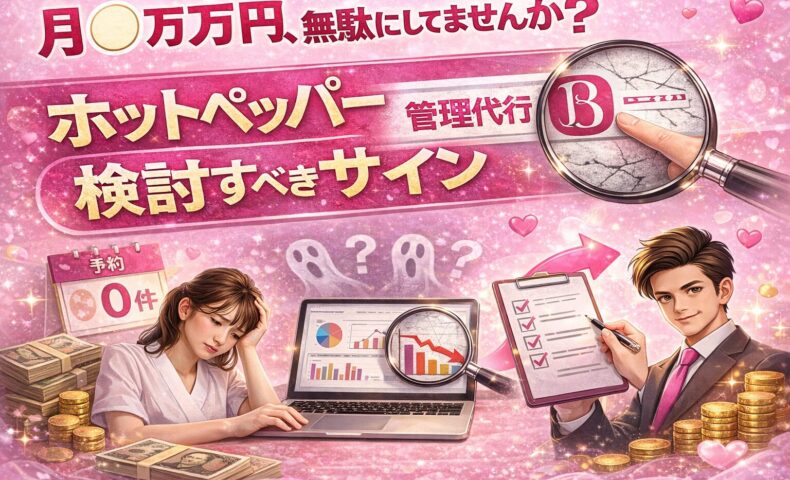 ホットペッパー管理代行に月◯万円を支払っても予約ゼロに悩むサロンと、管理代行を検討して改善策を確認する対比イメージ