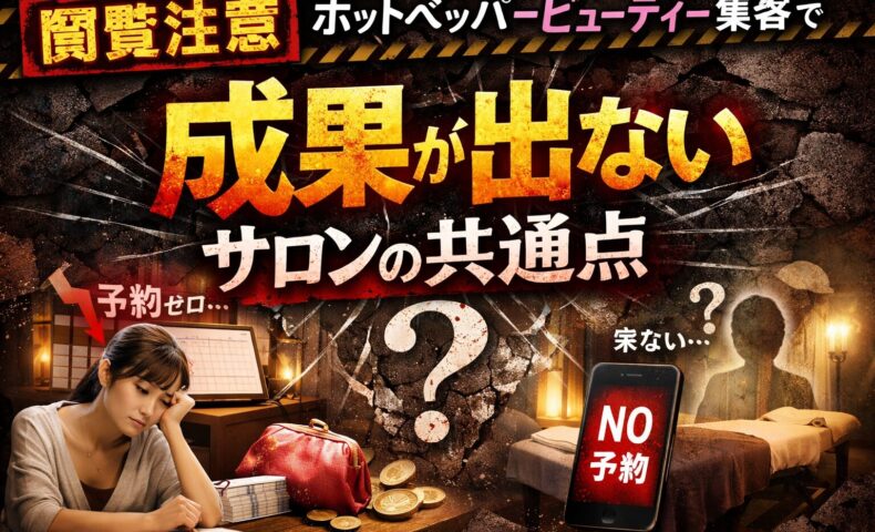 ホットペッパービューティー集客で成果が出ないサロンの共通点を象徴するイメージ。予約ゼロに悩むサロンオーナーと集客不振の状況を表現したアイキャッチ画像