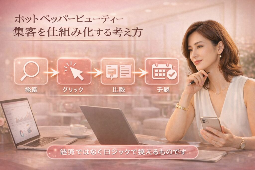 ホットペッパービューティー集客を仕組み化する考え方を検索・クリック・比較・予約の流れで可視化した美容サロン向け横型マーケティング画像