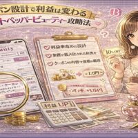 ホットペッパービューティーのクーポン設計で利益を伸ばす方法を解説するアイキャッチ画像。ピンクとゴールド基調のデザインで、スマホに表示されたクーポン画面、利益UPを示す計算機やコイン、チェックリスト形式の設計ポイントが描かれている。
