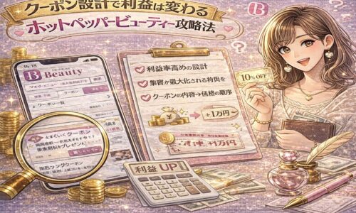 ホットペッパービューティーのクーポン設計で利益を伸ばす方法を解説するアイキャッチ画像。ピンクとゴールド基調のデザインで、スマホに表示されたクーポン画面、利益UPを示す計算機やコイン、チェックリスト形式の設計ポイントが描かれている。