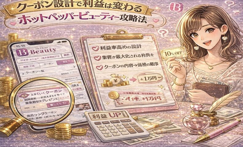 ホットペッパービューティーのクーポン設計で利益を伸ばす方法を解説するアイキャッチ画像。ピンクとゴールド基調のデザインで、スマホに表示されたクーポン画面、利益UPを示す計算機やコイン、チェックリスト形式の設計ポイントが描かれている。
