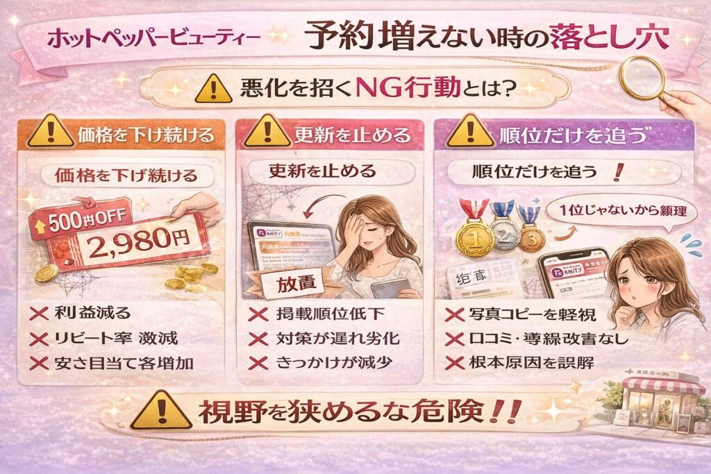 ホットペッパービューティーで予約が増えない時のNG行動をまとめた横型インフォグラフィック。価格の値下げ継続、更新停止、順位だけを追うことの3つの落とし穴を警告アイコン付きで視覚的に示している。