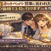 ホットペッパービューティーの営業担当が「この価格で上位に行けます」と耳打ちする様子を描いたイラスト。料金プランと順位上昇の関係に疑問を抱くサロンオーナーの表情が印象的。