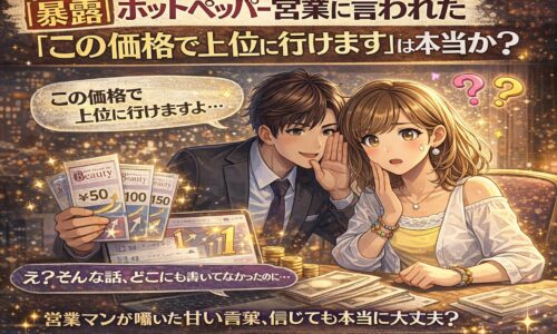 ホットペッパービューティーの営業担当が「この価格で上位に行けます」と耳打ちする様子を描いたイラスト。料金プランと順位上昇の関係に疑問を抱くサロンオーナーの表情が印象的。