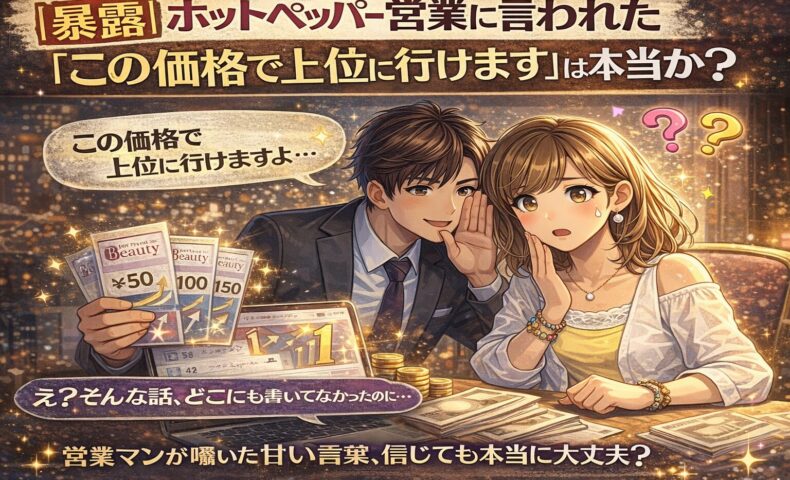 ホットペッパービューティーの営業担当が「この価格で上位に行けます」と耳打ちする様子を描いたイラスト。料金プランと順位上昇の関係に疑問を抱くサロンオーナーの表情が印象的。