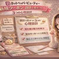 ホットペッパービューティーの新規クーポン心理設計をテーマにしたアイキャッチ画像。金とピンクを基調に、「設計で差がつく3つの心理設計」と書かれたチェックリスト、期間限定や割引を示す付箋、価格表、電卓が配置され、右側にはクーポン心理設計ガイドを持つ女性が描かれている。