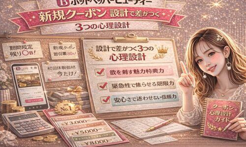 ホットペッパービューティーの新規クーポン心理設計をテーマにしたアイキャッチ画像。金とピンクを基調に、「設計で差がつく3つの心理設計」と書かれたチェックリスト、期間限定や割引を示す付箋、価格表、電卓が配置され、右側にはクーポン心理設計ガイドを持つ女性が描かれている。