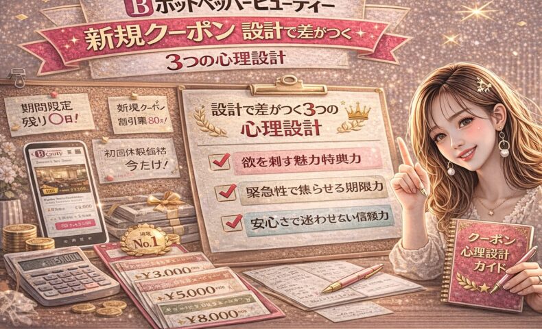 ホットペッパービューティーの新規クーポン心理設計をテーマにしたアイキャッチ画像。金とピンクを基調に、「設計で差がつく3つの心理設計」と書かれたチェックリスト、期間限定や割引を示す付箋、価格表、電卓が配置され、右側にはクーポン心理設計ガイドを持つ女性が描かれている。
