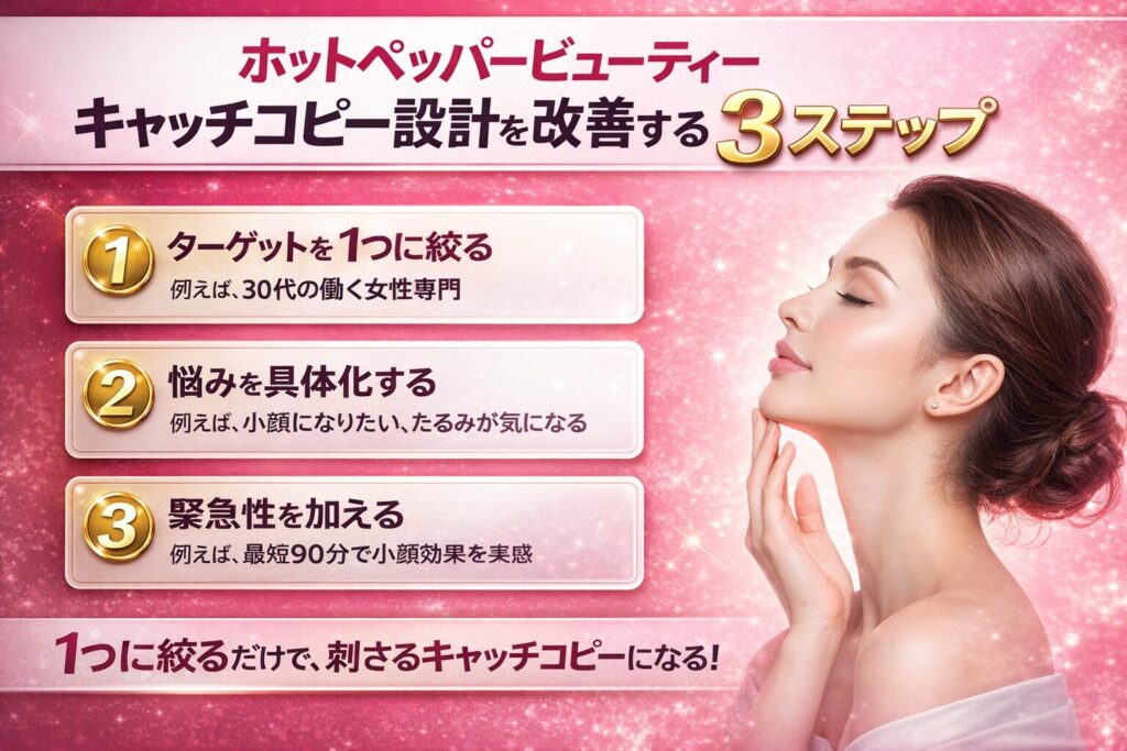 ホットペッパービューティー キャッチコピー 設計を改善する3ステップ（ターゲット設定・悩み具体化・緊急性追加）を解説した横型インフォグラフィック画像