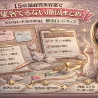 ホットペッパービューティーで集客できない原因と解決ロードマップをテーマにしたアイキャッチ画像。ゴールドとピンクを基調に、「集客できない原因まとめ」と大きく表示され、原因チェックリスト、悩みメモ、電卓、ロードマップ図が配置され、右側に「問題解決ロードマップ」冊子を持つ女性が描かれている。