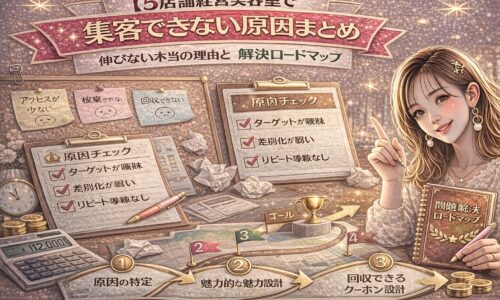 ホットペッパービューティーで集客できない原因と解決ロードマップをテーマにしたアイキャッチ画像。ゴールドとピンクを基調に、「集客できない原因まとめ」と大きく表示され、原因チェックリスト、悩みメモ、電卓、ロードマップ図が配置され、右側に「問題解決ロードマップ」冊子を持つ女性が描かれている。