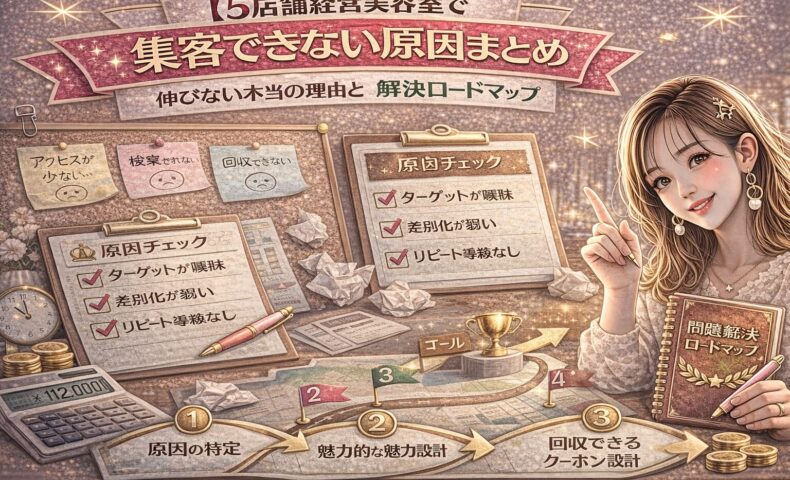 ホットペッパービューティーで集客できない原因と解決ロードマップをテーマにしたアイキャッチ画像。ゴールドとピンクを基調に、「集客できない原因まとめ」と大きく表示され、原因チェックリスト、悩みメモ、電卓、ロードマップ図が配置され、右側に「問題解決ロードマップ」冊子を持つ女性が描かれている。
