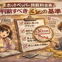 ホットペッパー掲載料金表を見ながら、掲載前に判断すべき3つの基準をチェックしている様子を描いたイラスト。ホットペッパー掲載料金表と集客基準を分かりやすく解説するビジュアル。