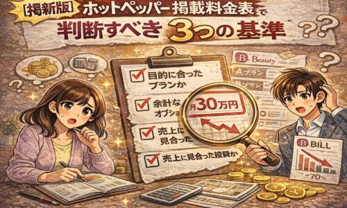 ホットペッパー掲載料金表を見ながら、掲載前に判断すべき3つの基準をチェックしている様子を描いたイラスト。ホットペッパー掲載料金表と集客基準を分かりやすく解説するビジュアル。