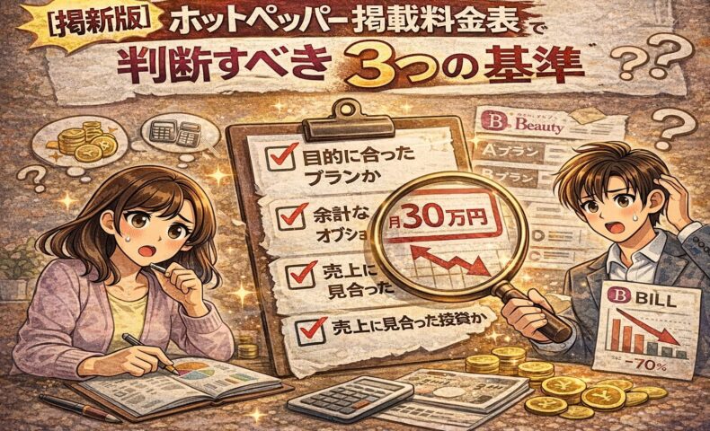 ホットペッパー掲載料金表を見ながら、掲載前に判断すべき3つの基準をチェックしている様子を描いたイラスト。ホットペッパー掲載料金表と集客基準を分かりやすく解説するビジュアル。