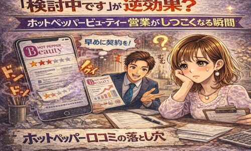 「検討中です」が逆効果？ホットペッパービューティー営業がしつこくなる瞬間を表現したアイキャッチ画像。営業担当に迫られて困惑するサロンオーナーのイラスト。