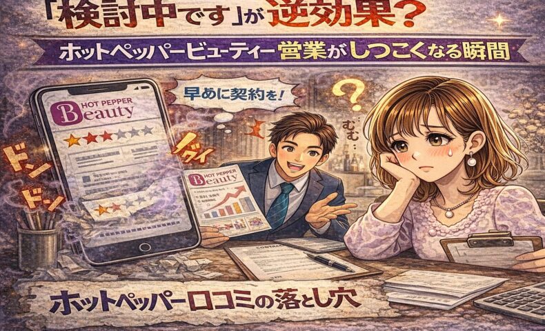 「検討中です」が逆効果？ホットペッパービューティー営業がしつこくなる瞬間を表現したアイキャッチ画像。営業担当に迫られて困惑するサロンオーナーのイラスト。