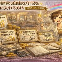 自由な年収を実現した美容室オーナーと売上上昇グラフや経営資料を描いたアニメ風アイキャッチ画像