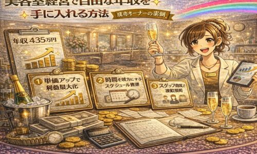 自由な年収を実現した美容室オーナーと売上上昇グラフや経営資料を描いたアニメ風アイキャッチ画像