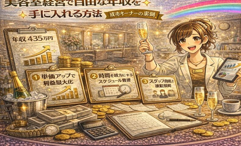 自由な年収を実現した美容室オーナーと売上上昇グラフや経営資料を描いたアニメ風アイキャッチ画像