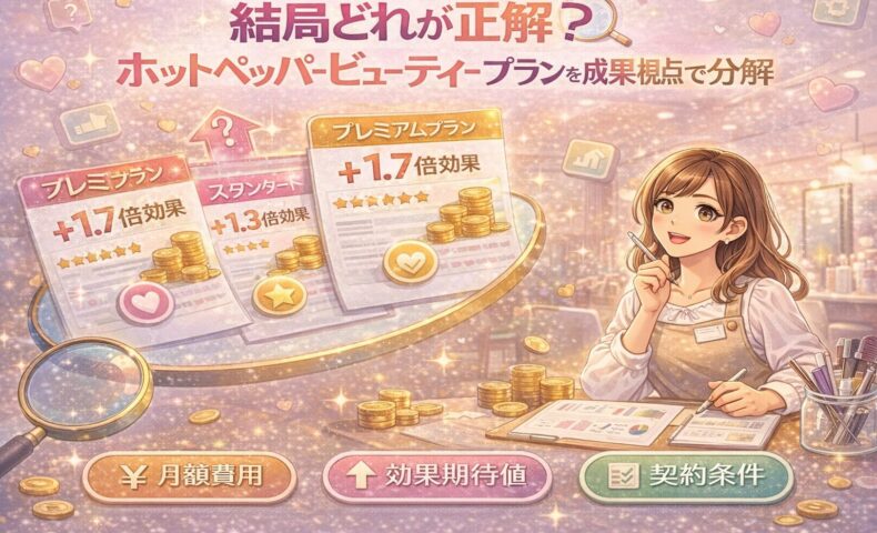 ホットペッパービューティーの複数プランを成果視点で比較し、どれが正解か悩むサロンオーナーのイラスト