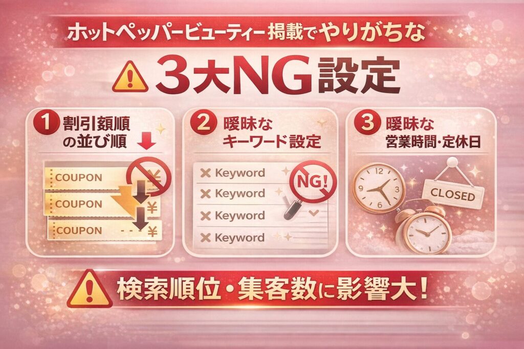ホットペッパービューティー掲載でやりがちな3大NG設定を解説した横型画像。クーポン並び順、曖昧なキーワード設定、営業時間・定休日の入力ミスが検索順位や集客に影響することを示している。