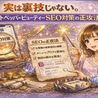 実は裏技じゃない。ホットペッパービューティーSEO対策の正攻法を解説したアイキャッチ画像。検索順位アップを示すアイコンや、正しいSEO施策を示すチェックリストとサロンオーナーのイラスト。
