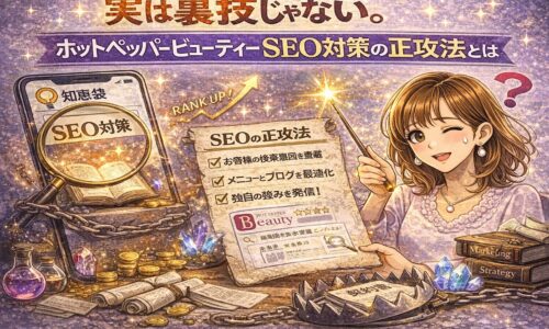 実は裏技じゃない。ホットペッパービューティーSEO対策の正攻法を解説したアイキャッチ画像。検索順位アップを示すアイコンや、正しいSEO施策を示すチェックリストとサロンオーナーのイラスト。