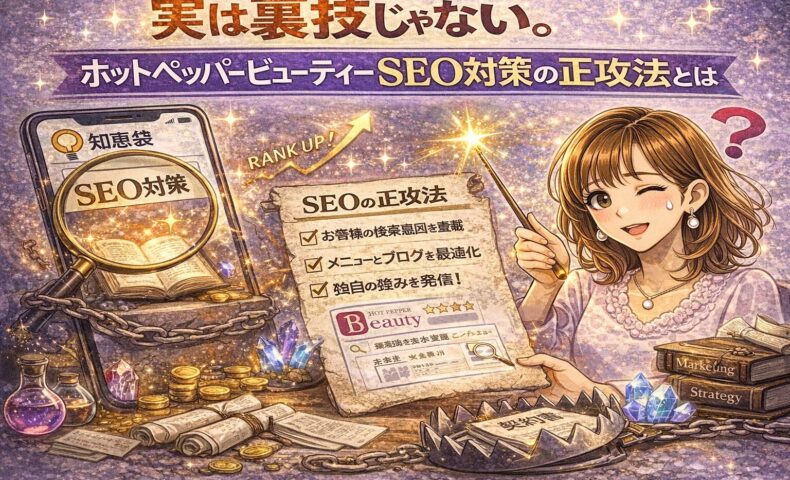 実は裏技じゃない。ホットペッパービューティーSEO対策の正攻法を解説したアイキャッチ画像。検索順位アップを示すアイコンや、正しいSEO施策を示すチェックリストとサロンオーナーのイラスト。