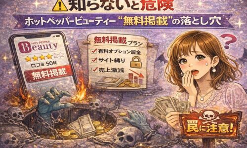 知らないと危険｜ホットペッパービューティー無料掲載の落とし穴を解説したアイキャッチ画像。無料掲載プランの裏に潜む有料オプションや売上減少のリスクに驚くサロンオーナーのイラスト。