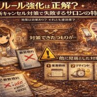 無断キャンセル対策としてルールを厳しくしたものの、逆効果に悩むサロンオーナーと注意喚起アイコンを描いたイラスト