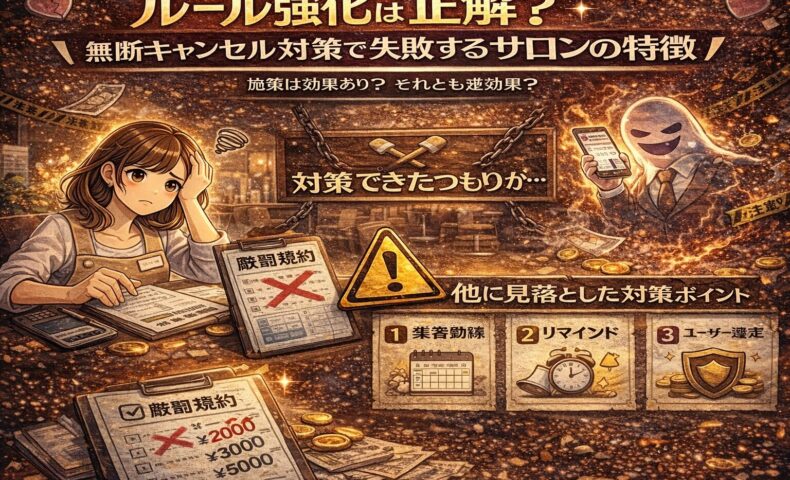 無断キャンセル対策としてルールを厳しくしたものの、逆効果に悩むサロンオーナーと注意喚起アイコンを描いたイラスト