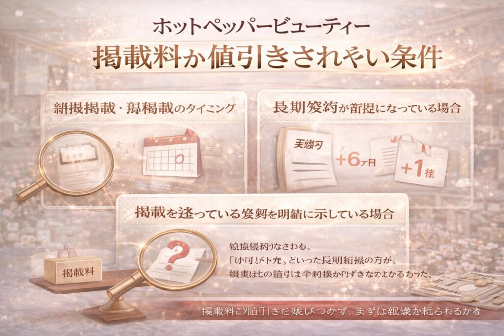 ホットペッパービューティー掲載料が値引きされやすい条件（新規・再掲載のタイミング、長期契約前提、検討姿勢の明確化）を示した横型バナー画像