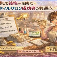 1人ネイルサロンで成功する共通点をテーマに、満席カレンダーや売上グラフ、笑顔のネイリストを描いたアニメ風アイキャッチ画像