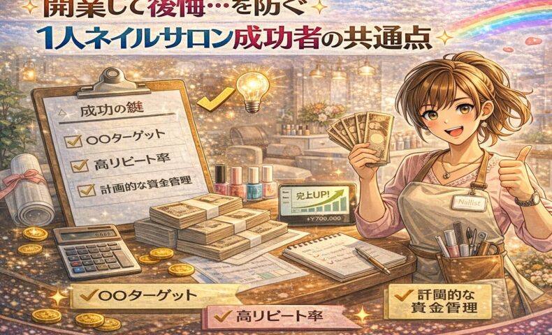 1人ネイルサロンで成功する共通点をテーマに、満席カレンダーや売上グラフ、笑顔のネイリストを描いたアニメ風アイキャッチ画像