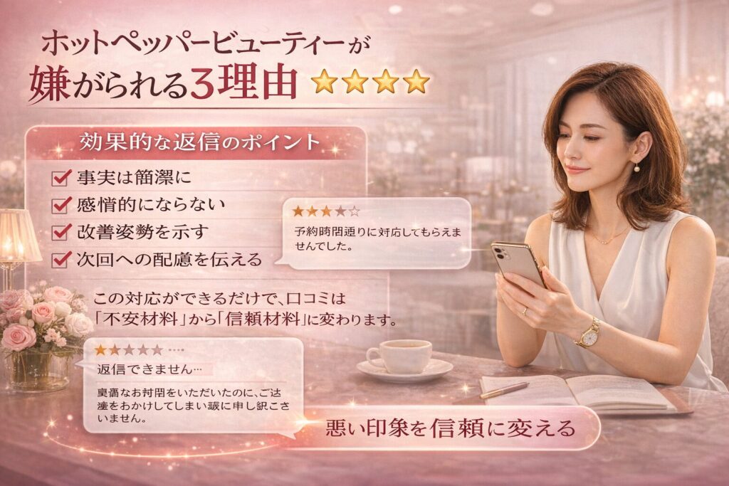 ホットペッパービューティー口コミ削除より重要な返信戦略を解説する美容サロン向け横型マーケティング画像。事実を簡潔に・感情的にならない・改善姿勢を示す・次回配慮を伝えるポイントを表現。