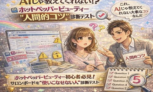ホットペッパービューティーのサロンボード操作に悩むサロンオーナーが、診断テストで原因を探しているイラスト