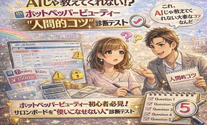 ホットペッパービューティーのサロンボード操作に悩むサロンオーナーが、診断テストで原因を探しているイラスト