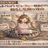 ホットペッパービューティー経由の集客だけに頼る危険性を表現したイラスト。手数料や失客リスクの表示に囲まれ、不安そうなサロンオーナーが描かれている。