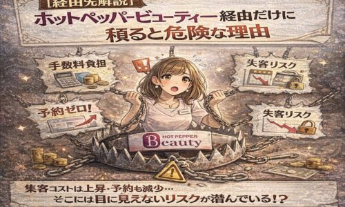 ホットペッパービューティー経由の集客だけに頼る危険性を表現したイラスト。手数料や失客リスクの表示に囲まれ、不安そうなサロンオーナーが描かれている。